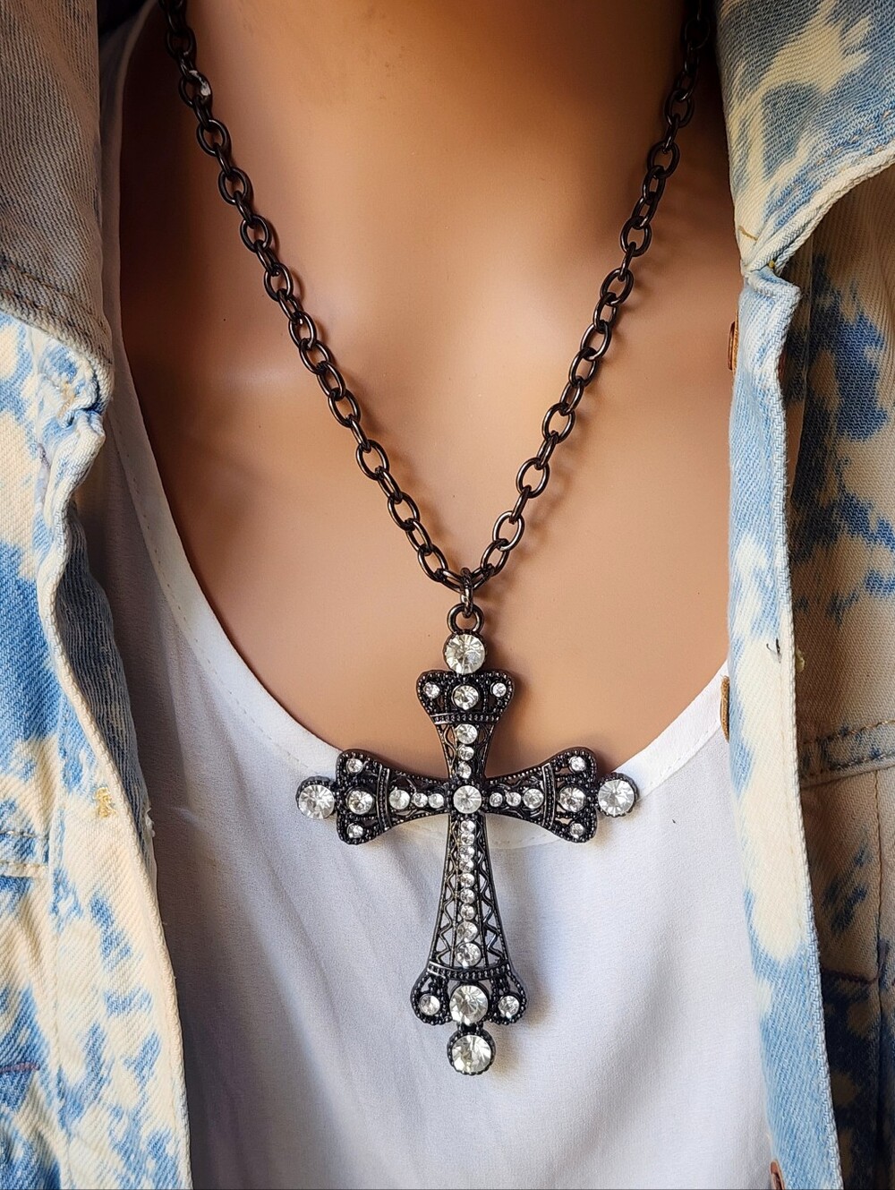 Large Black Cross Pendant Vintage Crystals Jewelry Big Oxidited  chain Necklace